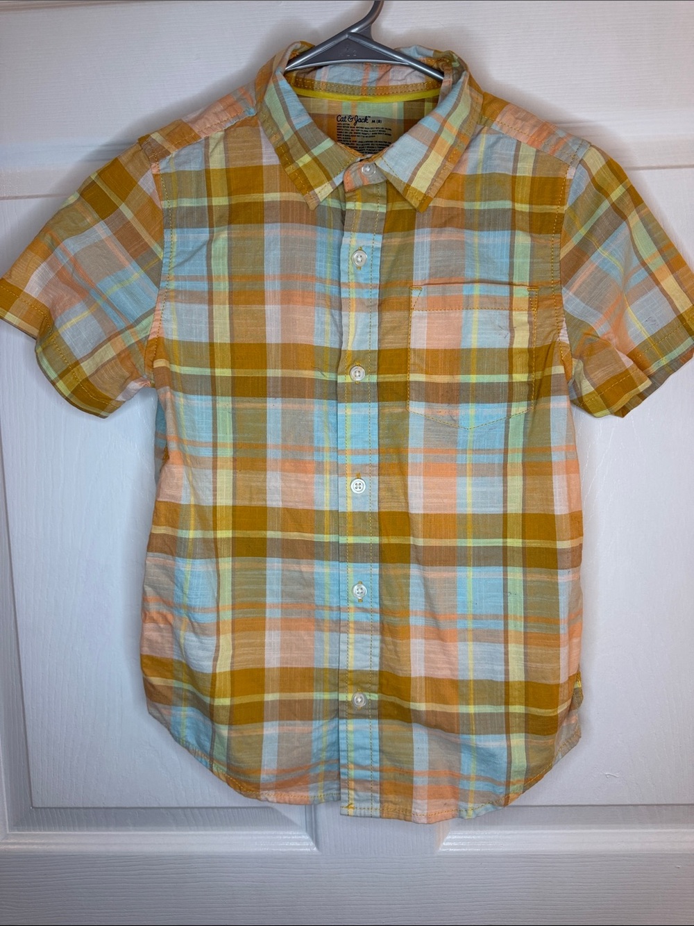 Cat & Jack Mustard, Light Blue & Peach Plaid Short-Sleeve Button-Up